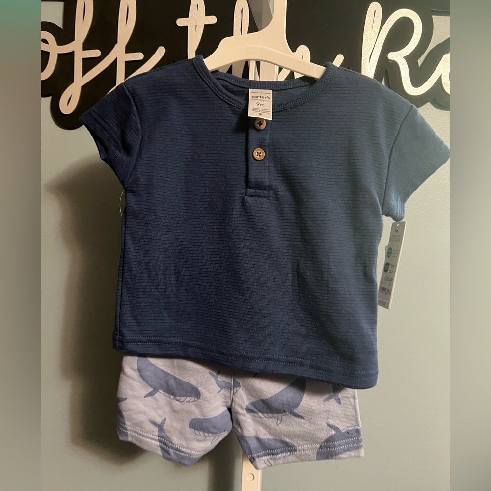 Carter's Just One You Navy Ribbed Henley with Light Blue Whale Shorts Set NWT